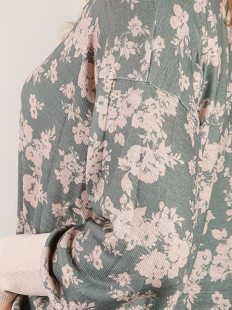 Deep Sage Floral V-Neck Long Sleeve Top