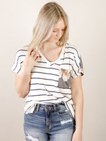 Navy Striped Tee with Floral Back and Pocket