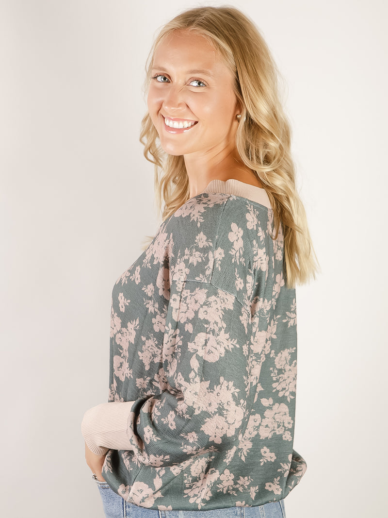 Deep Sage Floral V-Neck Long Sleeve Top