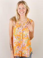 Orange Floral V-Neck Sleeveless Blouse