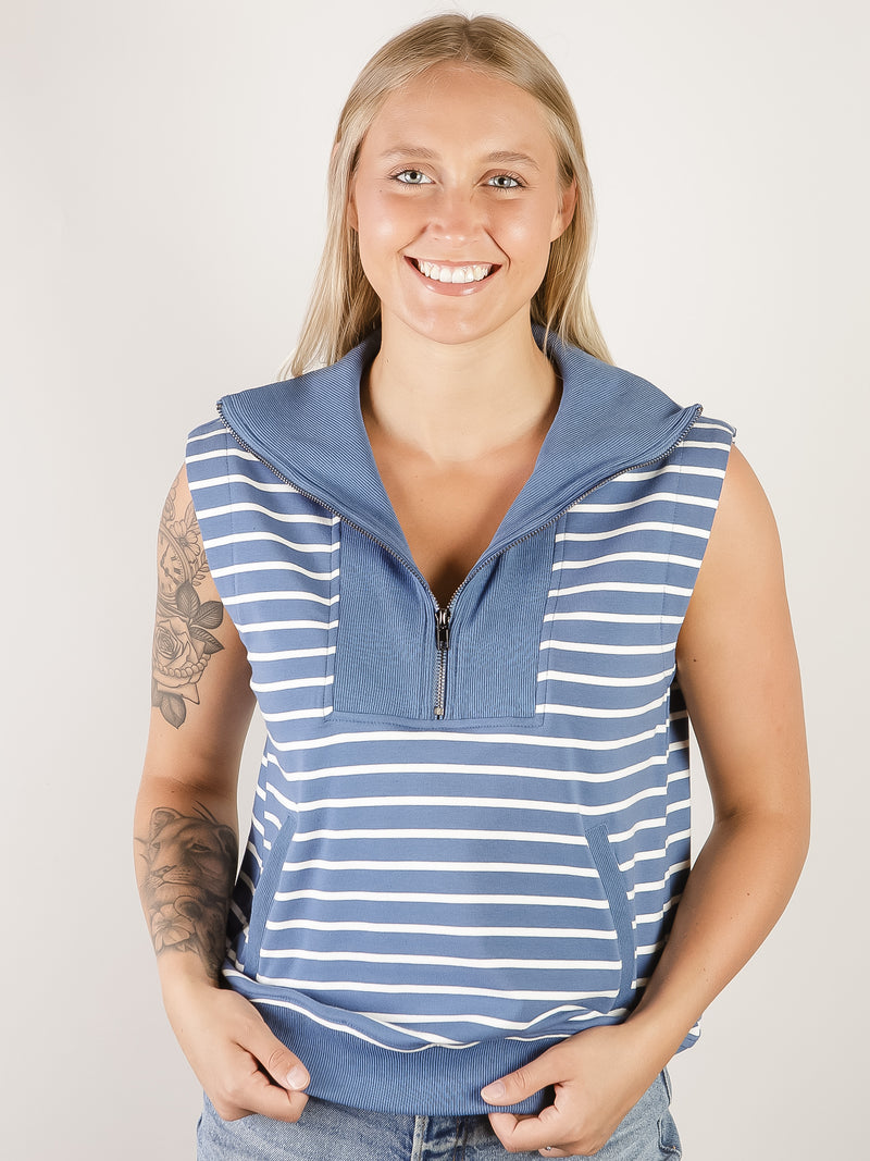 Blue and White Striped Sleeveless Terry Top
