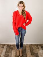 Oversized Red V-Neck Thick Sweater