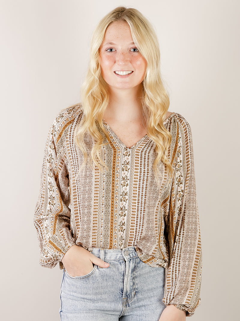 Mocha Print Blouse with Split Neckline