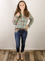 Teal Plaid Shirt with Frayed Bottom