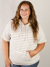 Curvy Cream and Taupe Short Sleeve Hooded Top