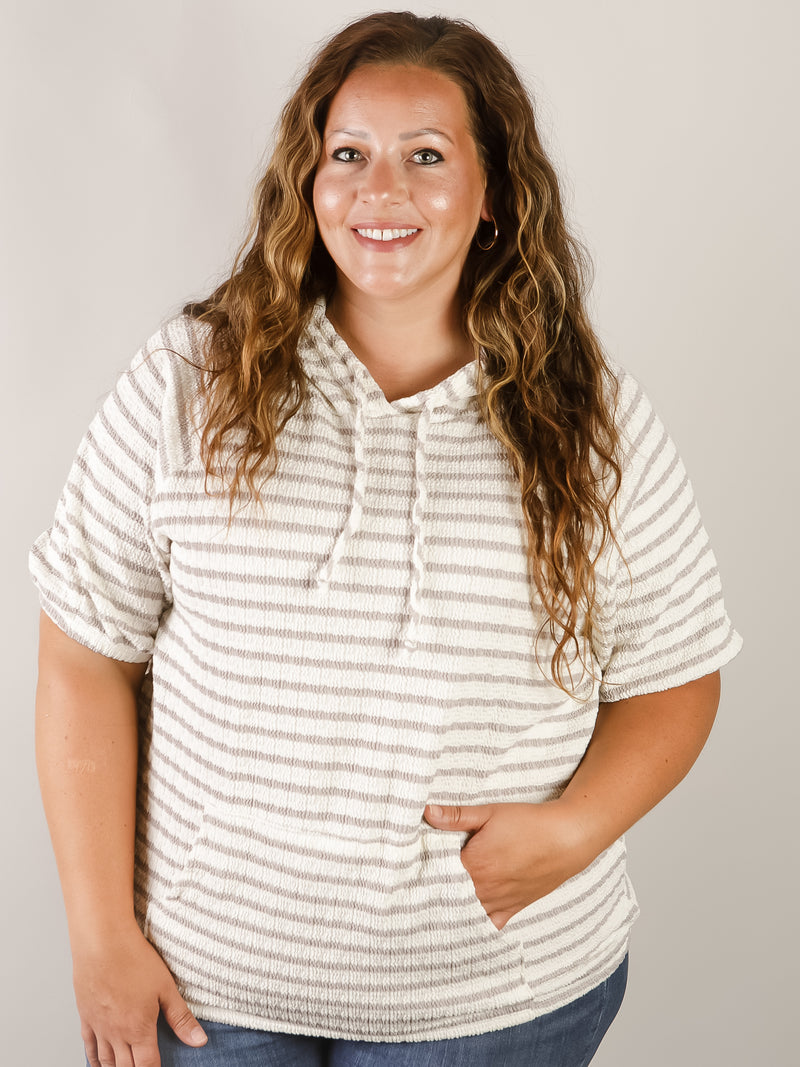 Curvy Cream and Taupe Short Sleeve Hooded Top