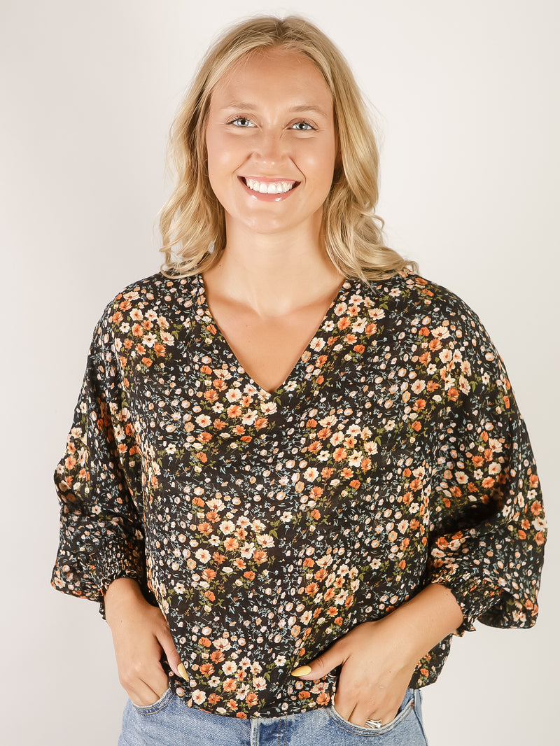 Black with Fall Floral Print Blouse