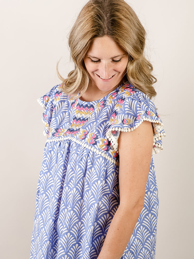 Blue Embroidered Flutter Sleeve Top