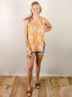 Orange Floral V-Neck Sleeveless Blouse