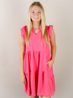 V-Neck Hot Pink Tiered Dress