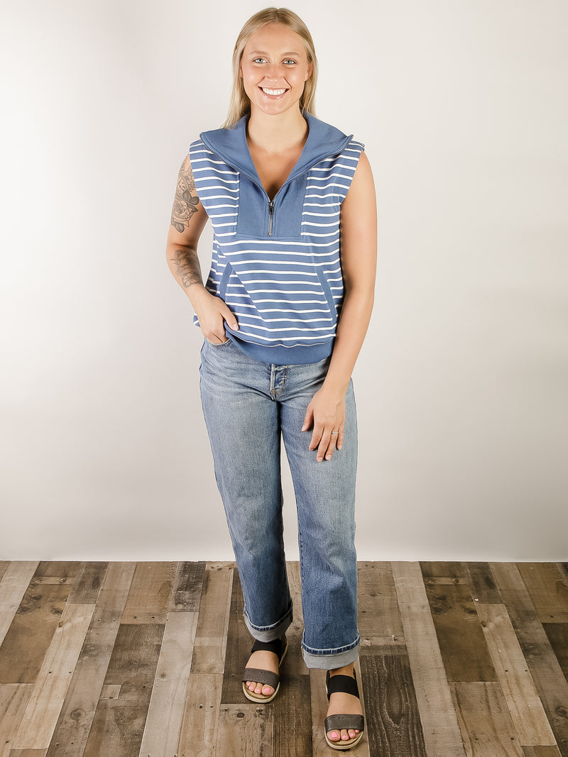 Blue and White Striped Sleeveless Terry Top
