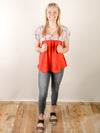 Red Orange Embroidered Top Blouse