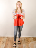 Red Orange Embroidered Top Blouse