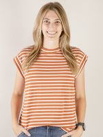 Rust and White Striped Short Sleeve Top
