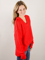 Oversized Red V-Neck Thick Sweater