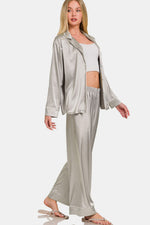 Silver Satin Long Sleeve Shirt and Pants Pajama Set (Online Exclusive)