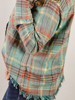 Teal Plaid Shirt with Frayed Bottom