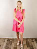 V-Neck Hot Pink Tiered Dress