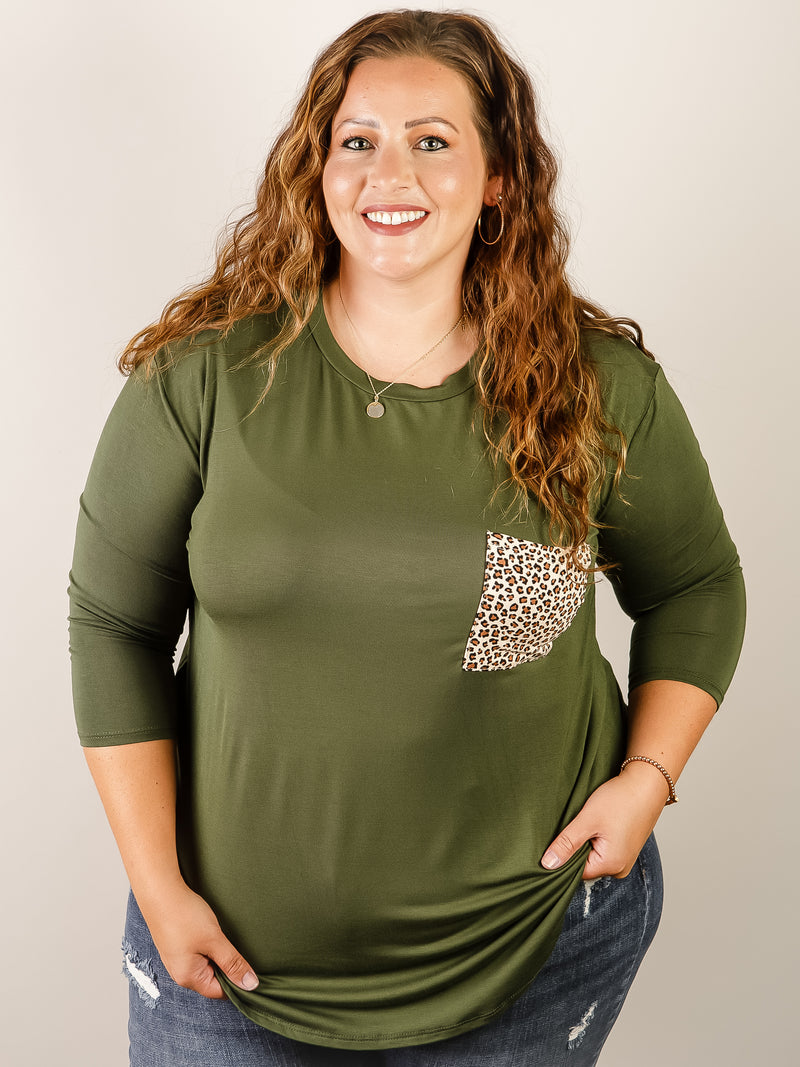 Olive 3/4 Sleeve Knit Top with Leopard Pocket