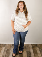 Curvy Cream and Taupe Short Sleeve Hooded Top