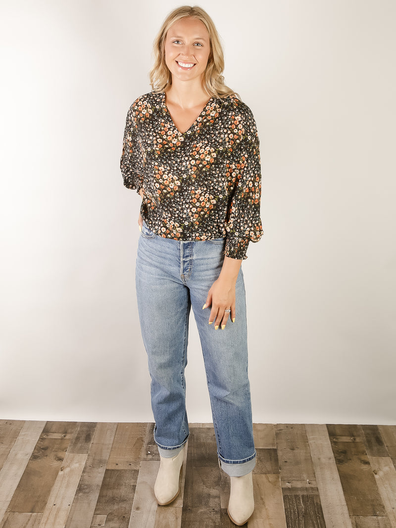 Black with Fall Floral Print Blouse