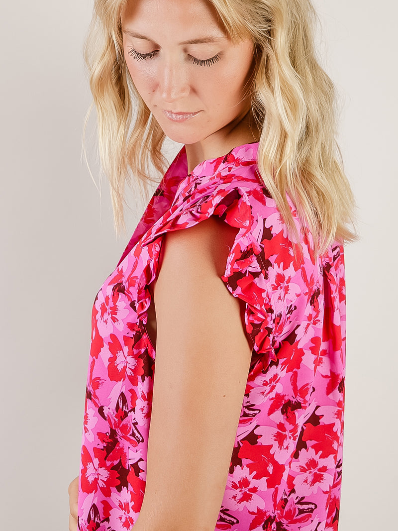 Fuchsia Floral Print Sleeveless Blouse