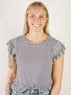 Navy Striped Tee with Smocked Sleeve