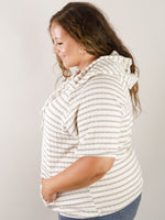 Curvy Cream and Taupe Short Sleeve Hooded Top