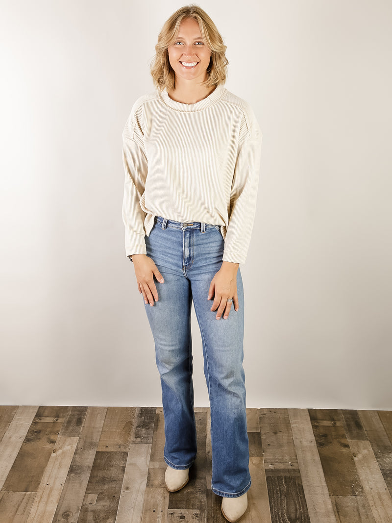 Cream Crewneck Ribbed Long Sleeve