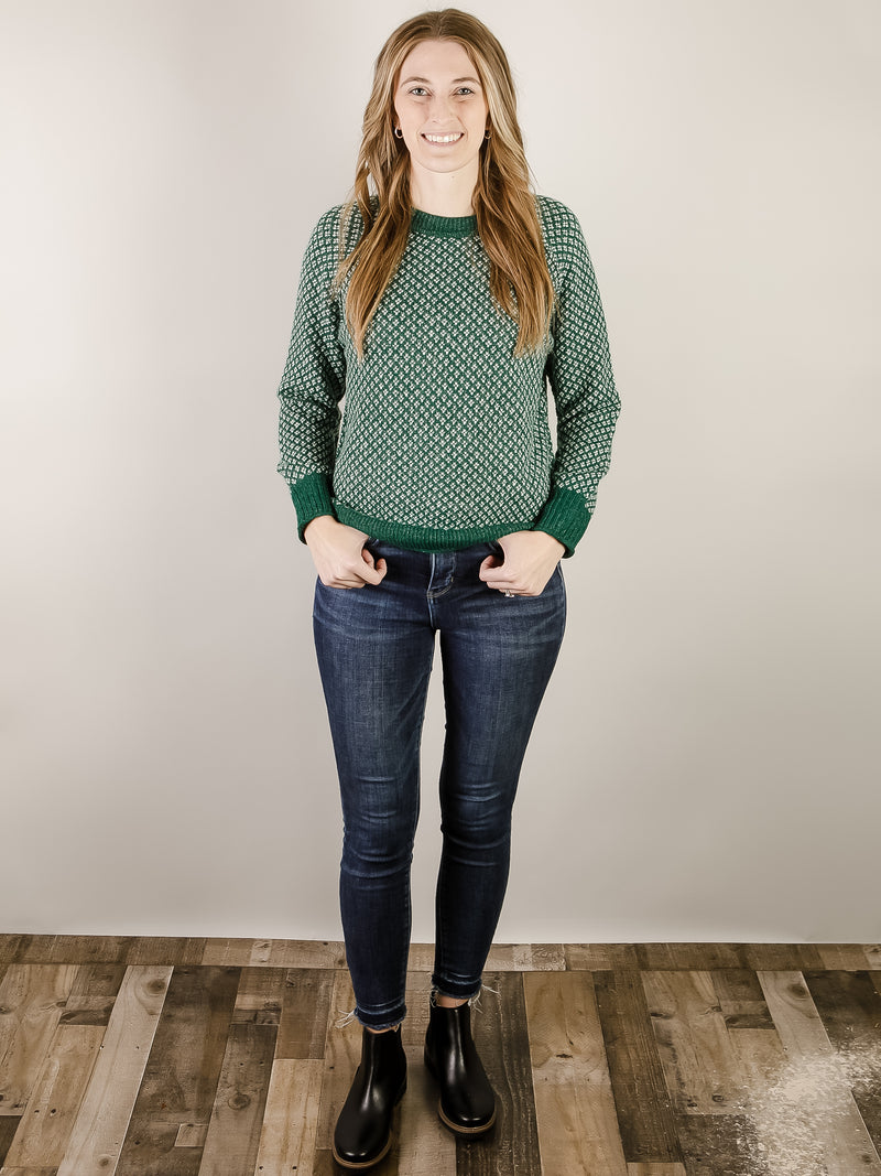 Green and White Detail Crewneck Sweater