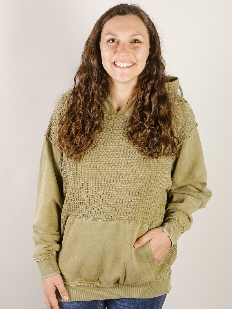 Olive Waffle Knit Washed Hoodie
