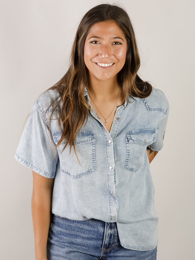 Light Denim Short Sleeve Button Down Shirt