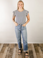 Navy Striped Tee with Smocked Sleeve