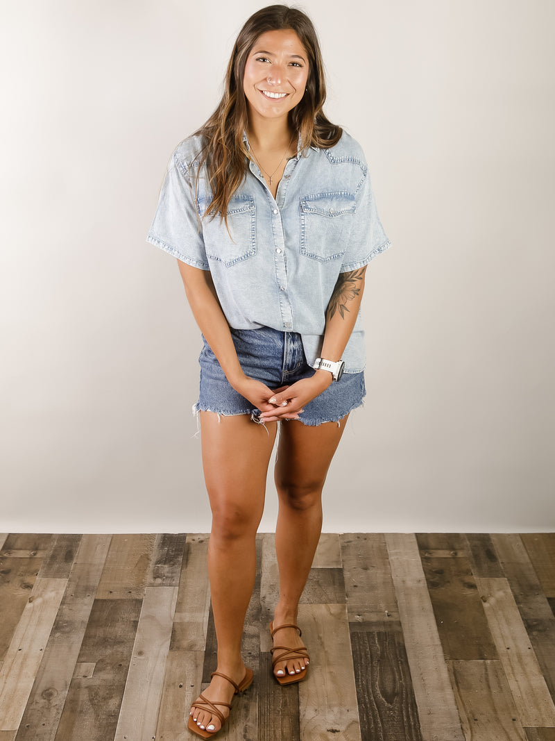 Light Denim Short Sleeve Button Down Shirt