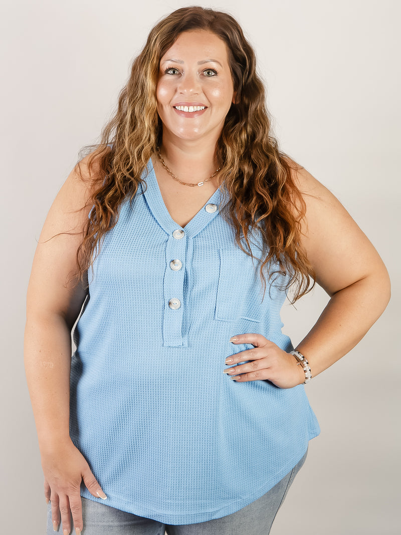 Curvy Sleeveless Ocean Blue Waffle Button Top