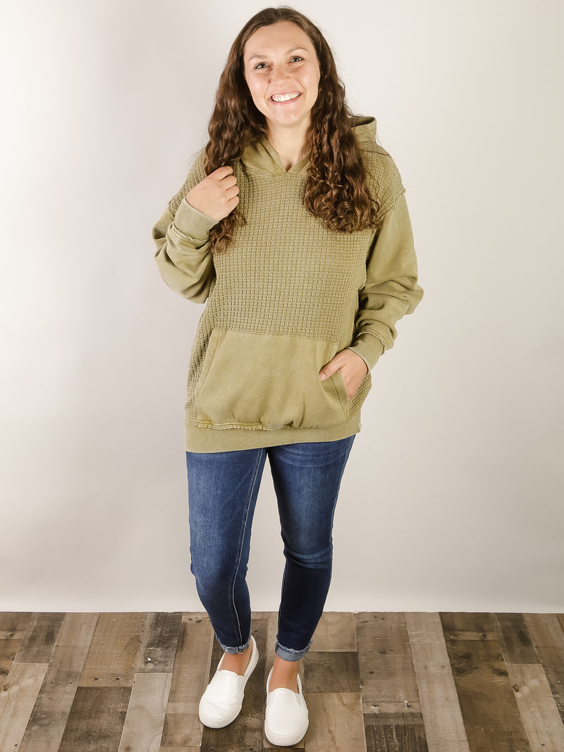 Olive Waffle Knit Washed Hoodie