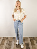 Light Yellow Floral V-Neck Short Sleeve