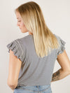 Navy Striped Tee with Smocked Sleeve