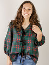 Hunter Green Plaid Tie Front Blouse
