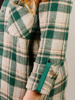 Green and Taupe Plaid Lightweight Shacket with Roll Tab Sleeves