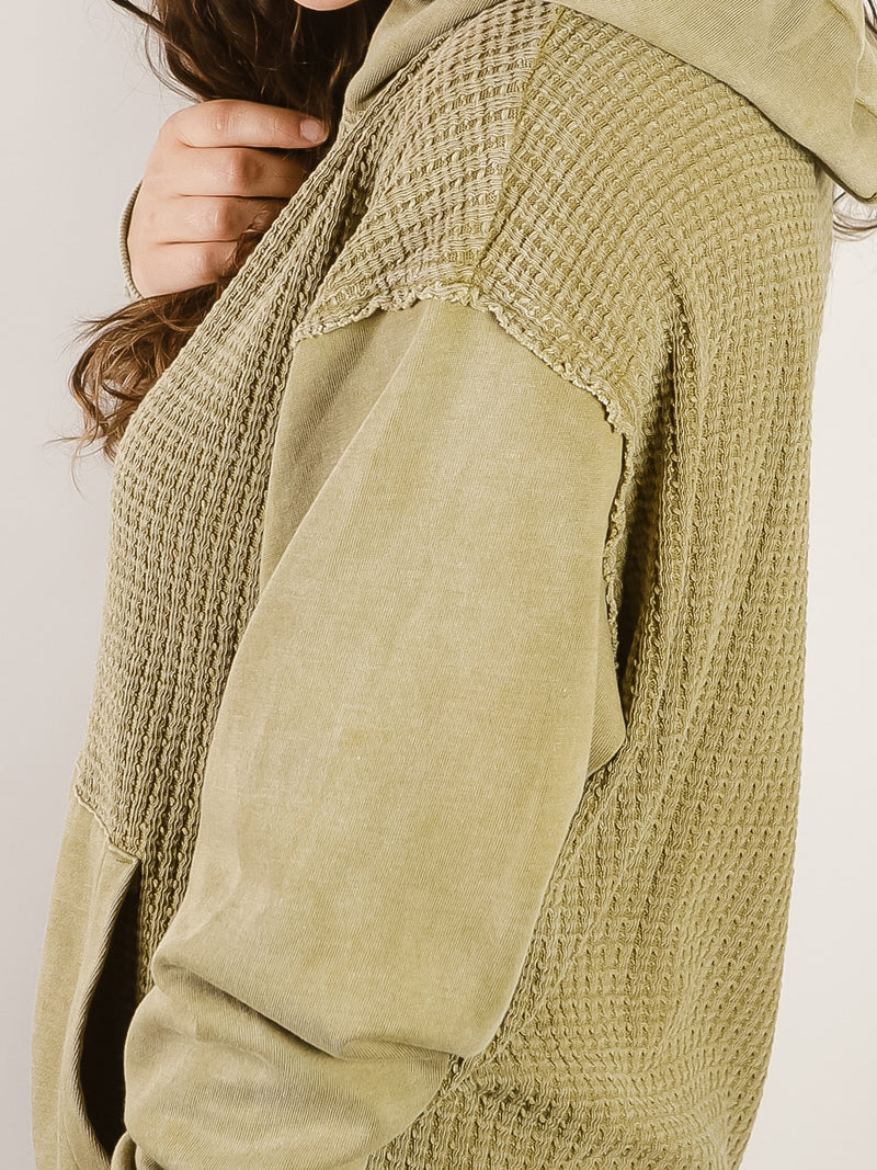 Olive Waffle Knit Washed Hoodie
