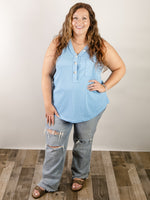 Curvy Sleeveless Ocean Blue Waffle Button Top