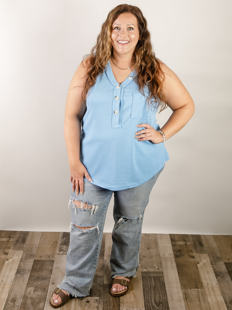 Curvy Sleeveless Ocean Blue Waffle Button Top