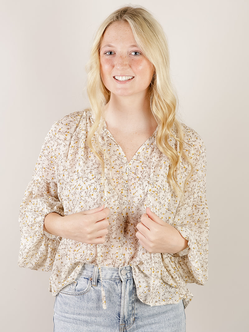 Ivory Floral Print Balloon Sleeve Blouse