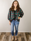 Hunter Green Plaid Tie Front Blouse