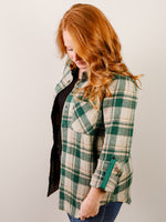 Green and Taupe Plaid Lightweight Shacket with Roll Tab Sleeves