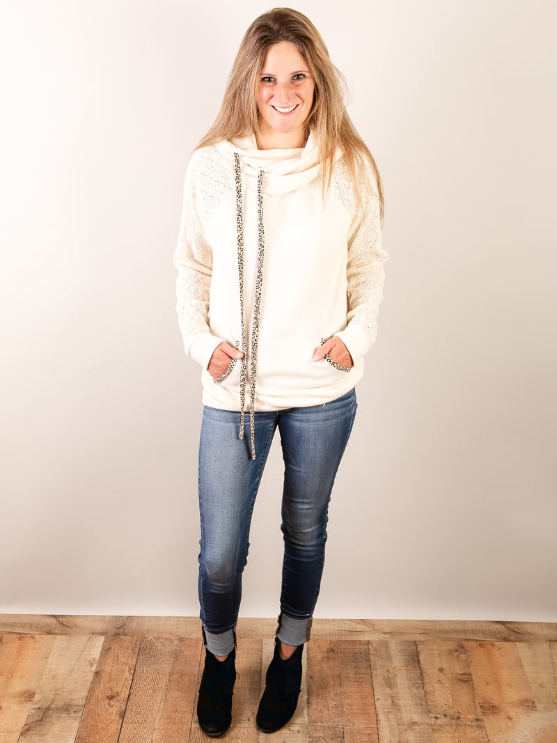 Cream Hoodie with Lace Sleeves