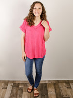 Fuschia Textured Ribbed V-neck Knit Top