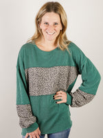 Hunter Green Ribbed Top with Animal Print