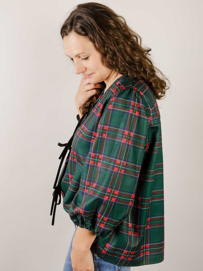 Hunter Green Plaid Tie Front Blouse